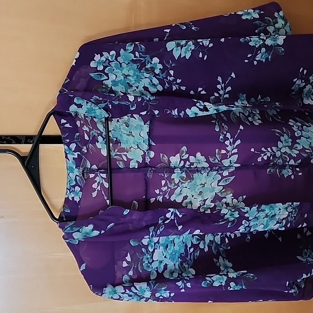 Purple Printed Semi Sheer Shirt with Turquoise Flowers